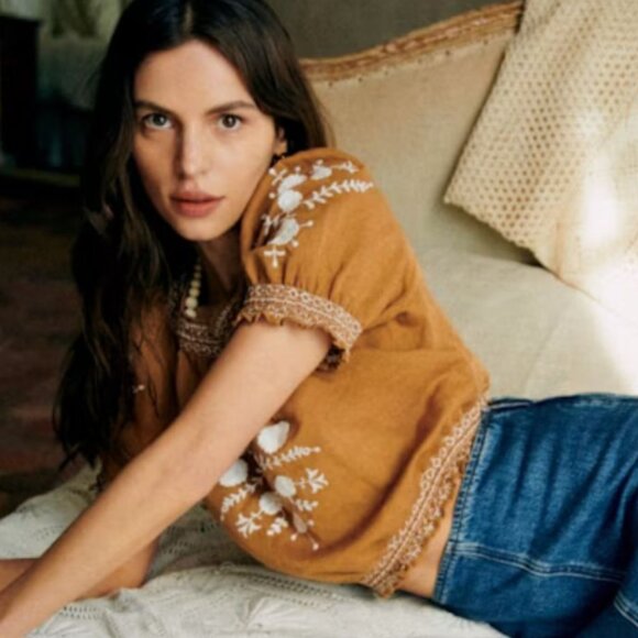 Sezane | Marru Embroidered Blouse Camel/Ecru - 6/38 - Picture 2 of 8